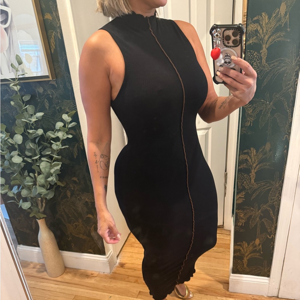 Zara Black Midi Dress with Brown Stitching